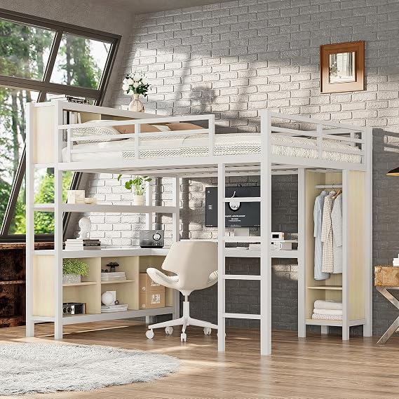 Metal Loft Bed with Wardrobe and L Shaped Desk, Queen Size Loft Bed with Storage Cubes and Shelves, Heavy Duty Loft Bed forTeens Adults, White Wood Grain
