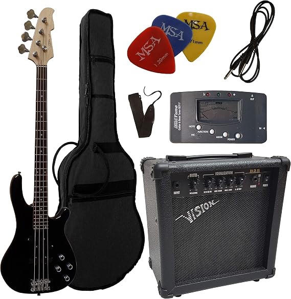 Electric Bass – Set - Black Electric Bass - Gig Bag - Bag – Strap – Amplifier 45 watt – 3x Plectrums – Tuner - Cables – Vision Sound Guitar - Long Scale – JB8BK.