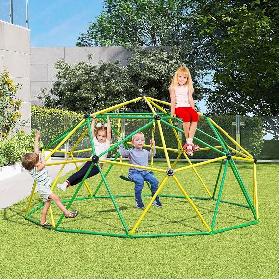 GLACER 10 FT Climbing Dome with Swing, Steel Outdoor Geometric Playground Dome Climber, Supporting 800 lbs for Kids Ages 3-10, Easy Assembly, Jungle Gym for Indoor, Backyard (Yellow + Green)