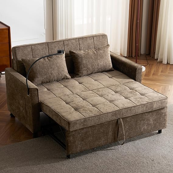 56.9" Loveseat Sofa Pull-Out Sofa Bed Sleeper Sofa with a Reversible Backrest Cushion, Side Pockets, Two USB Ports and a Phone Holder for Living Room, Brown