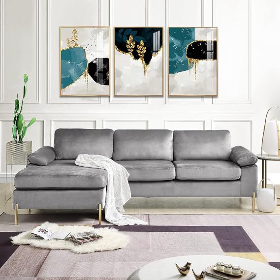 Kaimei Shannon Gray Velvet Sectional Sofa with Chaise, L-Shaped Couch for Living Room, Contemporary Loveseat with Gold Legs