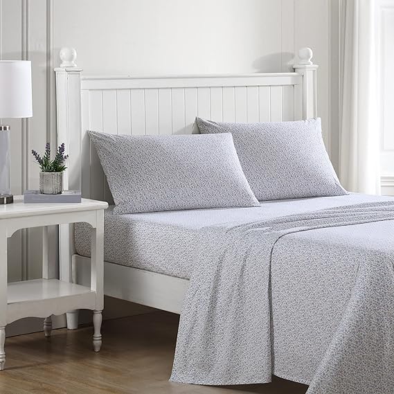 Laura Ashley Twin XL Sheet Set, Crisp & Lightweight Cotton Percale Bedding with Fitted Sheet and Pillowcase, Floral Room Decor, Deep Pocket, College Dorm Room Essentials (Emogene Purple)