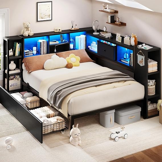 LARMACE Twin Size Corner Bed Frame with Storage Drawers and Bookcase Headboard,Metal Platform Corner Bed with LED Lights and Charging Station, Daybed for Kids Teen or Guests,Black