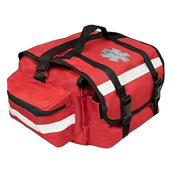 Primacare KB-RO74-R First Responder Trauma Bag, 17" x 9" x 7", Red EMT/EMS Medical Supply Organizer with Padded Dividers, Multiple Compartments, Side Pockets, Reflective Strip, Durable Design