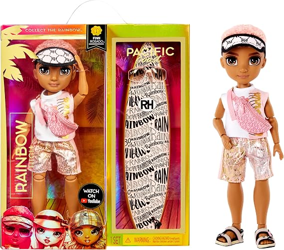 Rainbow High Pacific Coast - FINN ROSADO - Boy Fashion Doll with Outfit, Surfboard, Display Stand - Includes Pool Accessories, Crossbody Bag, More - Gift & Collectable for Kids Ages 6+ 581888