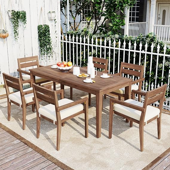 Outdoor Acacia Wood Dining Table Set, 7-Piece Solid Dining Table Sets with Large Table, 6 Stackable Chairs and Cushions, All-Weather Patio Furniture for Garden Backyard Poolside Indoor Outdoor Use