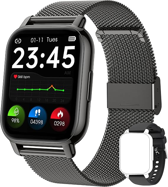 Popglory Smart Watch Answer/Make Calls, 1.85'' Smartwatch with AI Voice Control, Blood Pressure/SpO2/Heart Rate Monitor, Fitness Tracker Watch 2 Straps for Men Women for iOS Android Phones