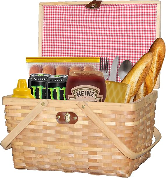 Wickerwise Gingham Lined Woodchip Picnic Basket with Lid and Movable Handles