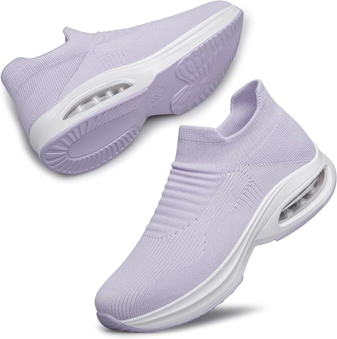DOUSSPRT Womens Walking Shoes Sock Casual Ladies Fashion Sneakers Comfortable Slip On Air Cushion Platform Lightpurple 8.5