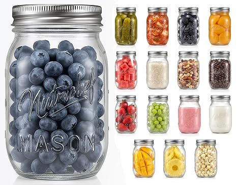NutriChef 16 Pack Mason Jars 16 oz with Lids, Wide Mouth Airtight Seal, Freeze Safe Durable Glass, Silver Screw Lids for Meal Prep, Jam, Honey and Wedding Gifts, Leakproof & Dishwasher Safe Glass Jars