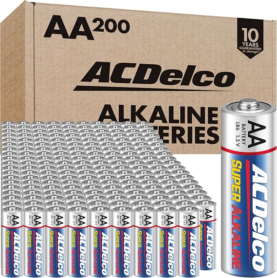 ACDelco 200-Count AA Batteries, Maximum Power Super Alkaline Battery, 10-Year Shelf Life, Recloseable Packaging
