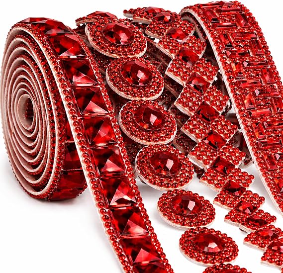 Juexica 4 Yards Self Adhesive Rhinestone Ribbon 4 Styles, Red, Stylish