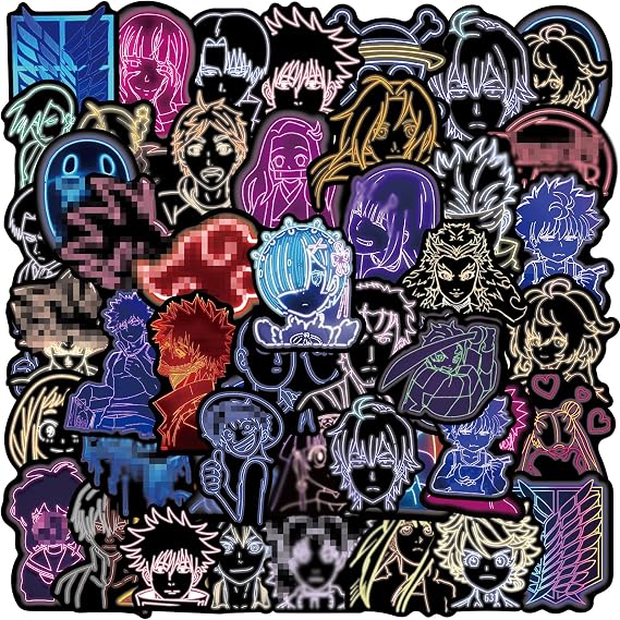 TakeCase Anime Mixed Stickers, 50 Neon Style Waterproof Vinyl Stickers for Plastic, Glass, Metal Surfaces