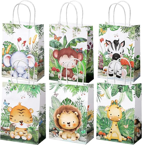 TaoBary 48 Pcs Safari Jungle Goodie Bag Party Favor Bags with Handles for Kids Birthday Safari Themed Party Supplies (Watercolor Style)