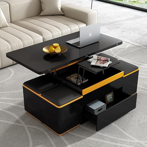 Black Lift Top Coffee Table with Storage & Stools, Modern Coffee Table with Foldable Top, 3 in 1 Multi-Function Folding Center Extendable Dining Table for 4,Living Room,Dining Room