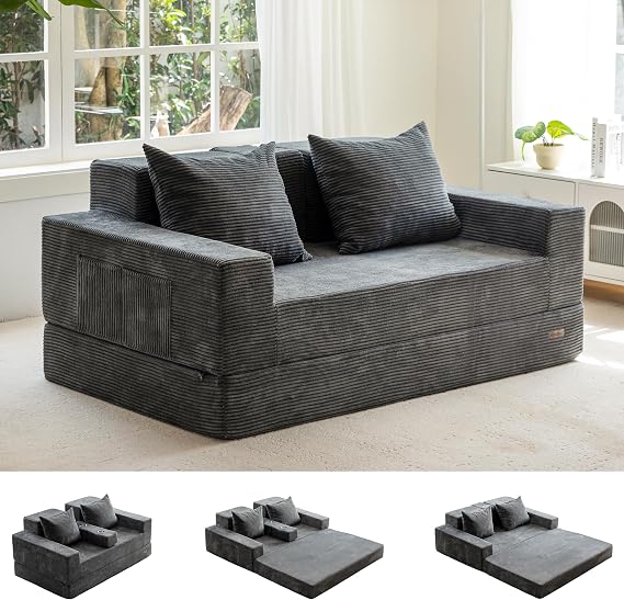 MAXYOYO Folding Sofa Bed, Corduroy Floor Couch with Cup Holder