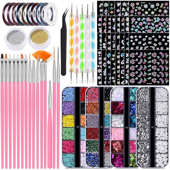 20 Nail Art Brushes Kit with Striping Tapes, Rhinestones, Pearls, Butterfly Sequins, Flower Charms & Stickers for Nails DIY Manicure Gifts (Pink)