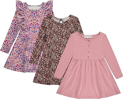 BTween Girls Long Sleeve Dresses, 3 Pack Soft Cotton Casual Dresses for Kids