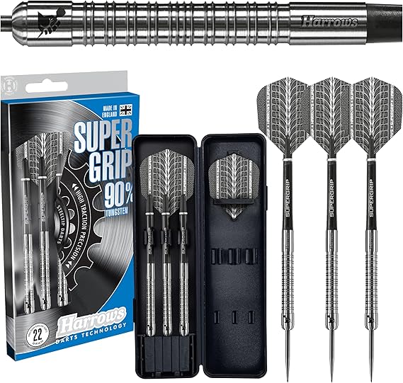 Harrows SUPERGRIP 90% Tungsten Steel Tip Darts Set. Available in 21g, 22g, 23g, 24g, 25g, 26g, 28g & 30g - Includes Supergrip Shafts, Supergrip Flights & Travel Case