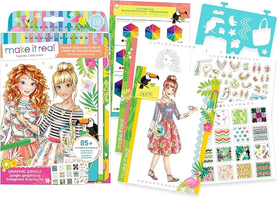 Make It Real 3201 Fashion Design Sketchbook - Graphic Jungle Coloring Book for Girls
