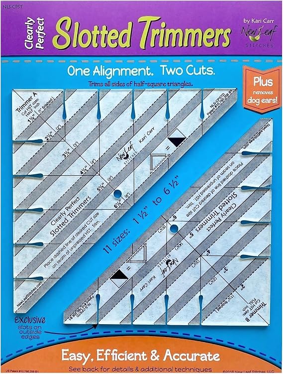New Leaf Stitches Slotted Trimmer - Acrylic Template Ruler for Accurate Cutting and Trimming - Designed for Half-Square Triangles, Strip Piecing, Block Construction - Ideal Stencil & Tool for Quilters