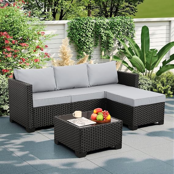 Rattaner 3 Pieces Patio Furniture Set Outdoor Sectional Wicker Patio Furniture Patio Couch with Ottoman and Outdoor Table All-Weather Anti-Slip Cushions Waterproof Covers, Light Grey