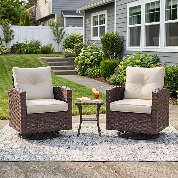 LayinSun 3 Pieces Outdoor Swivel Rocker Chair Set of 2 and Side Table, 360 Degree Rattan Wicker Swivel Chairs Patio Bistro Set for Porch