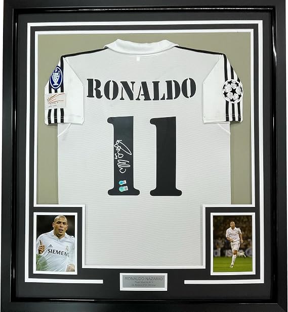 Framed Autographed/Signed Ronaldo Nazario 35x39 Real Madrid White Soccer Jersey Beckett BAS COA
