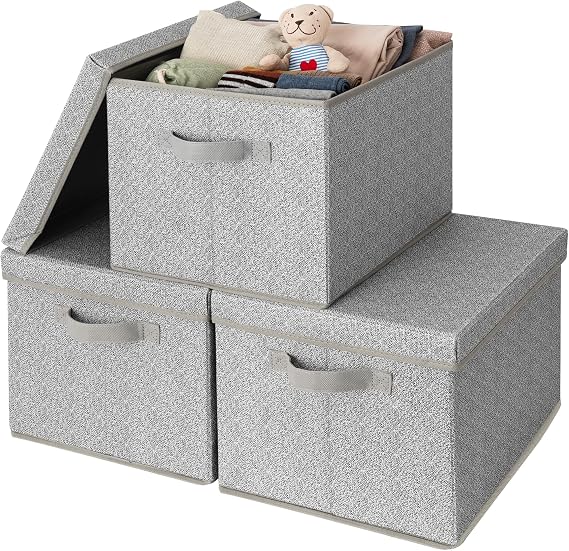 GRANNY SAYS Fabric Boxes with Lids, Storage Bins with Handles, Shelf Bins for Organizing, Extra Large Storage Boxes for Linens Clothes, Decorative Storage Containers, Gray, 3-Pack | Storage Box with Dust Cover, Handles & Lable, Collapsible, Ideal for Closet Clothes Blanket Toys, Large, Ash Gray, 3-Pack