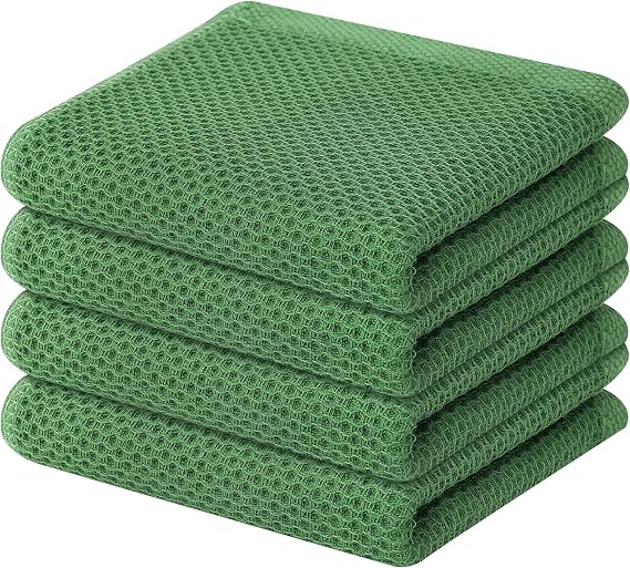 Homaxy 100% Cotton Waffle Weave Kitchen Dish Towels, Ultra Soft Absorbent Quick Drying Cleaning Towel, 13 x 28 Inches, 4-Pack, Grass Green