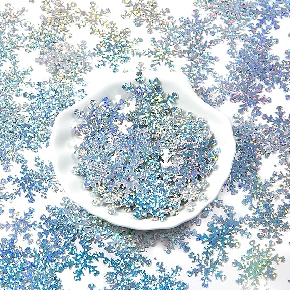 Silver Snowflake Decorations for Crafts, 2080 Pcs Snowflake Glitter Laser Sequins, 0.9 Inch Plastic Shinny Glitter Christmas Snowflake Ornaments for Birthday Wedding, Bridal Shower, DIY Projects