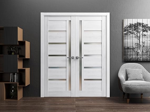 Quadro 4088 Interior Doors 60 x 96 in, Nordic White Frosted Glass Solid French Double Door, Solid MDF Core, Frame and Satin Nickel Hardware Included