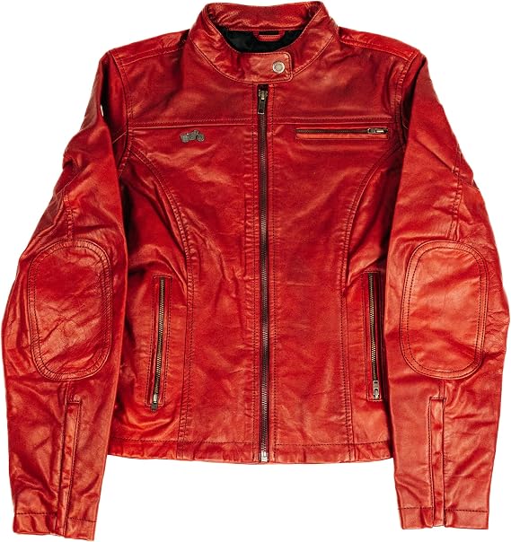 Royal Enfield Women's Red Crew Leather Biker Jacket-Premium Retro Racer Motorcycle Jacket for Women with Zippers, Pockets