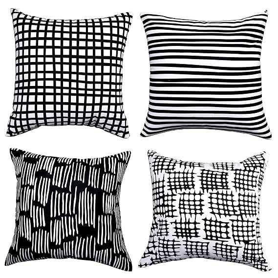 Microfiber Pillow Cover Set 18x18 Inch 4-Pack, Black and White Thick Geometric Pattern, Square Decorative Covers for Sofa, Living Room, Bed