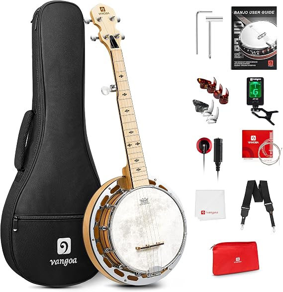 Vangoa Mini 5 String Banjo 28 Inch - Travel Maple Small Beginner Kit With Tone Ring, Fiberskyn Remo Head for Kids Teens Adults