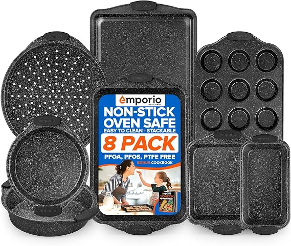 Emporio Kitchen Baking Pan Set - Nonstick Coating, Carbon Steel Bakeware Sets with Gray Silicone Handles, PFOA, PFOS, PTFE Free, Recipe Booklet Included, Oven Safe Tray (Up To 450 F), Set of 8 - Gray