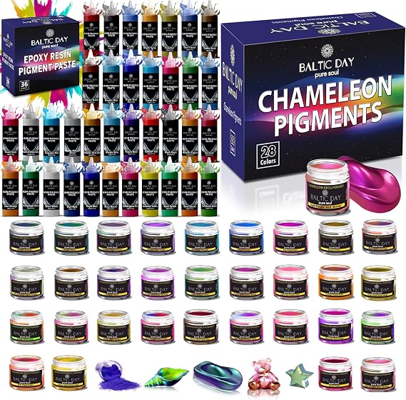 36 Pigment Pastes [20g Jars] + 28 Chameleon Mica Powders for Epoxy Resin Set - Epoxy Resin Color Pigment - Chameleon Pigments