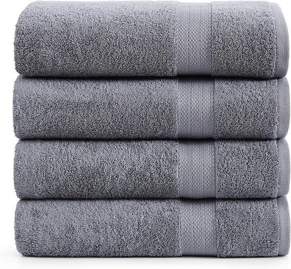 LANE LINEN Towel Set Quick Dry 100% Cotton 4 Piece Soft - Cool Grey