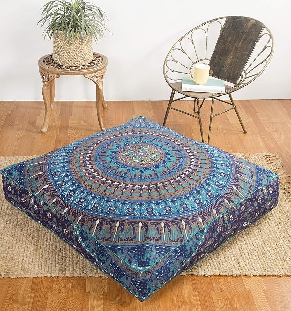 Popular Handicrafts Floor Pillow Cushion Cover - Hippie Mandala Square Ottoman Indian Elephant Camel Daybed Oversized Cotton Cushion Cover with Heavy Duty Zipper - Dog-Pets Bed, 35" Blue Turqouise