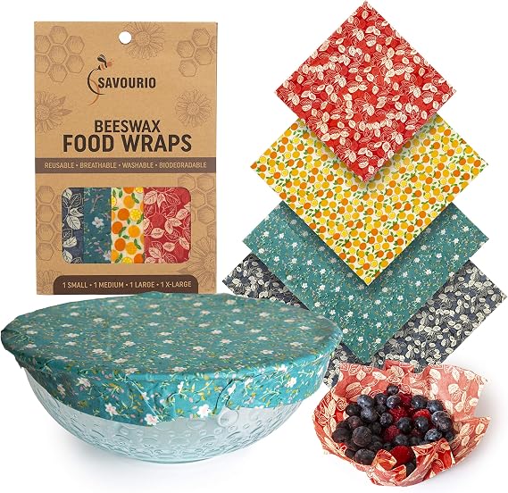 Reusable Beeswax Food Wrap - Beeswax Wraps - 4 Pack (S, M, L, XL) - Sustainable Eco Friendly Products - Bee Wrapping Paper Sheets with Wax- Bees - Bread and Sandwich Wrap