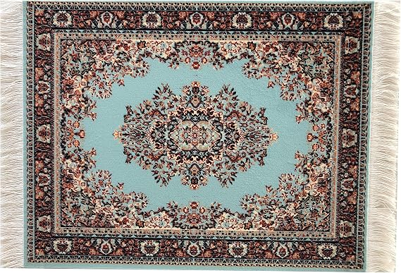 Dollhouse Area Rug Turquoise Miniature Carpet Accessory for Doll Houses, 10 x 7 Inch Rectangular Floor Decor, Oriental Style