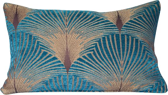 Linen Loft Art Deco XL Rectangular Cushion Cover. Retro Fan Design Teal and Gold. Velvet Chenille. 23x15 (58x38cm) Double Sided. Pillow Case. 20s and 30s Style.